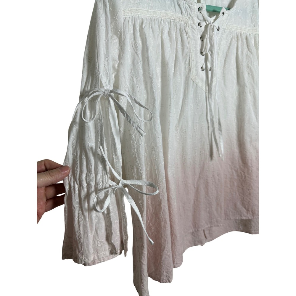 POL Boho Lace Up Peasant Blouse Pink Ombre Textured Small Cottagecore Festival - Picture 4 of 8